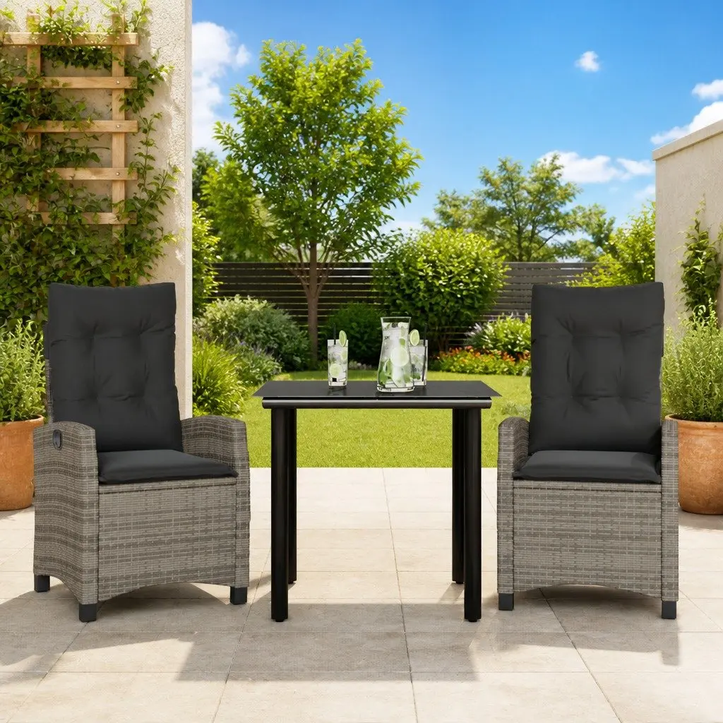 Outdoor Dining Set Garden Furniture 3 Piece Grey Poly Rattan Table Chairs