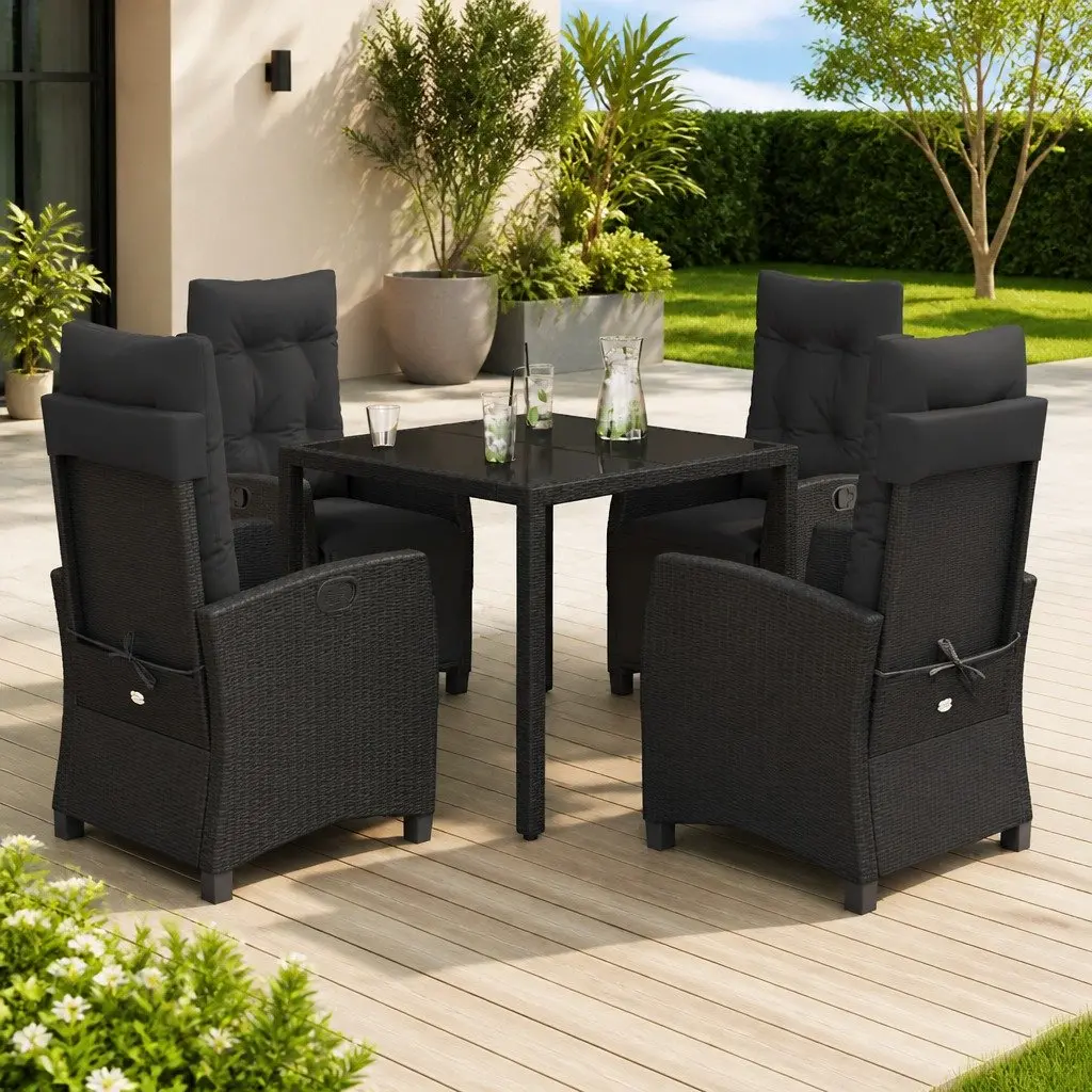 Outdoor Furniture Dining Set 5 Piece Black Poly Rattan with Cushions for Patio Garden