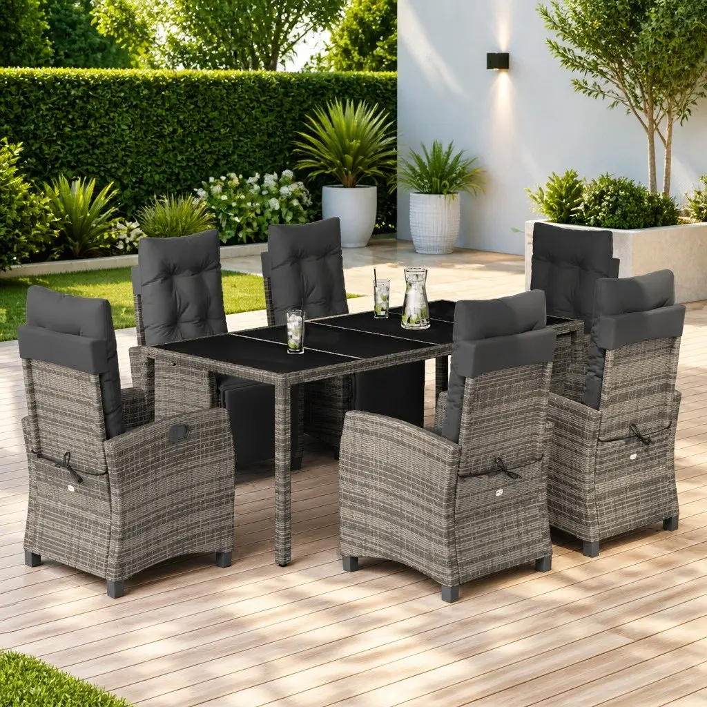 Outdoor Dining Set 7 Piece Garden Furniture Grey Poly Rattan Table and Chair Cushions for Patio