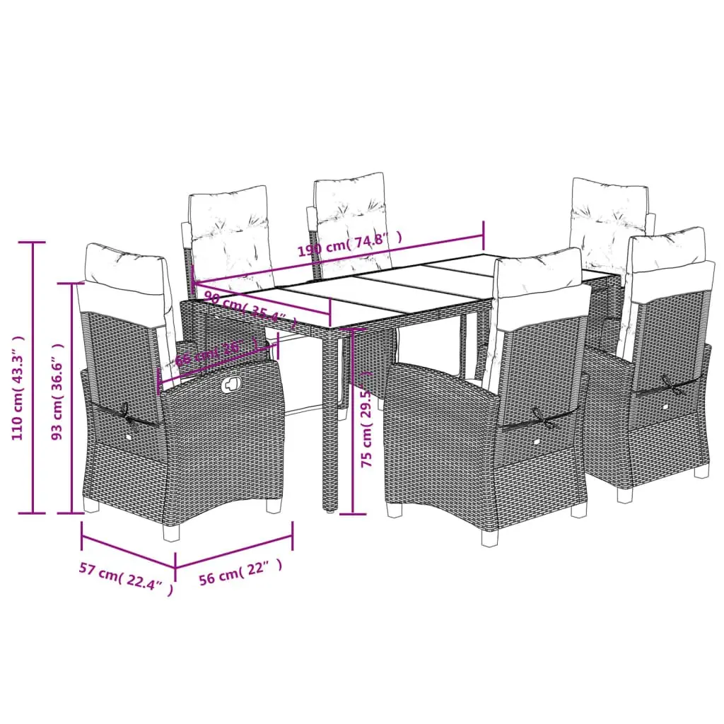 Outdoor Dining Set 7 Piece Garden Furniture Grey Poly Rattan Table and Chair Cushions for Patio