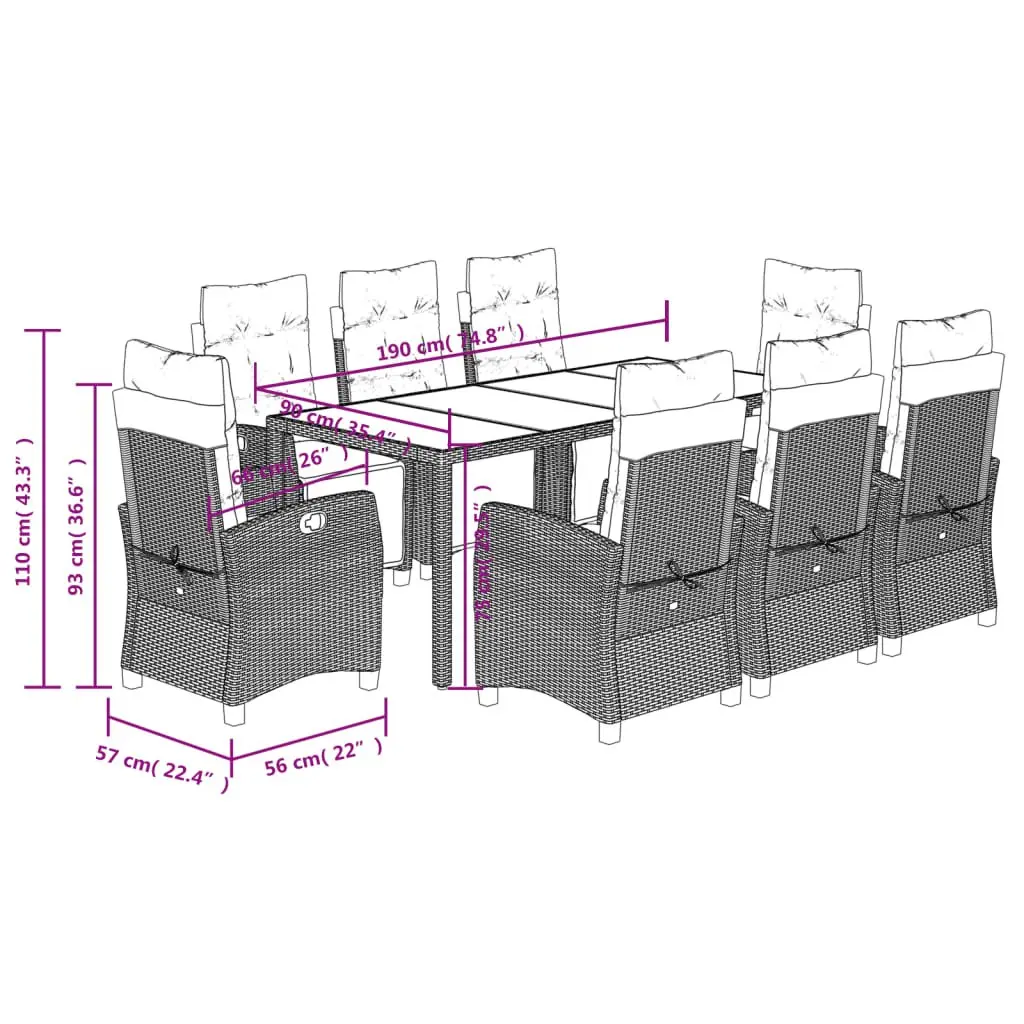 Outdoor Furniture Set 9 Piece Garden Dining Grey Rattan with Cushions