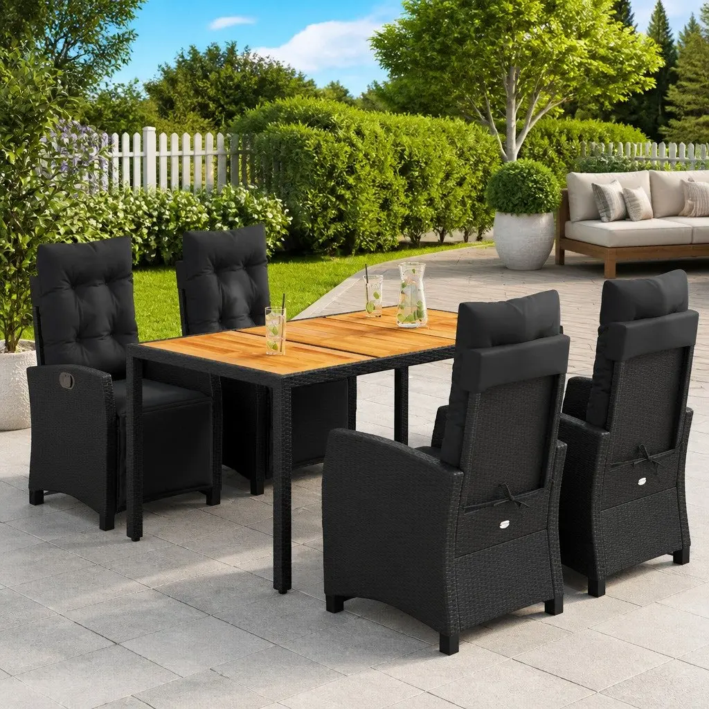 5 Piece Outdoor Garden Dining Set Black PE Rattan Chair Table Cushions