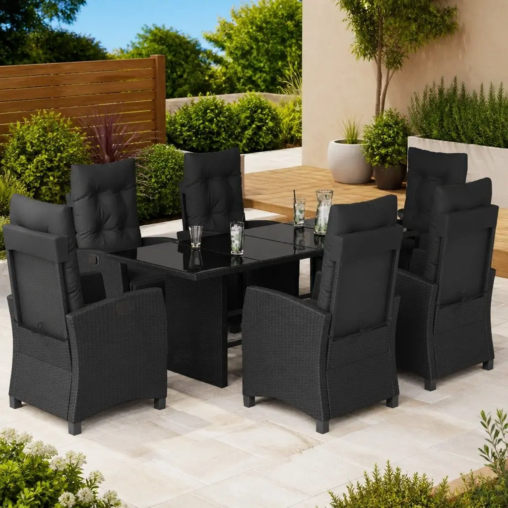 Outdoor Garden Dining Set 7 Piece Cushioned Black Poly Rattan Patio