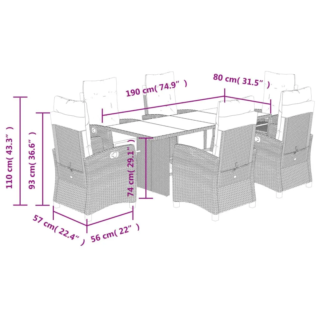 Outdoor Garden Dining Set 7 Piece Cushioned Black Poly Rattan Patio