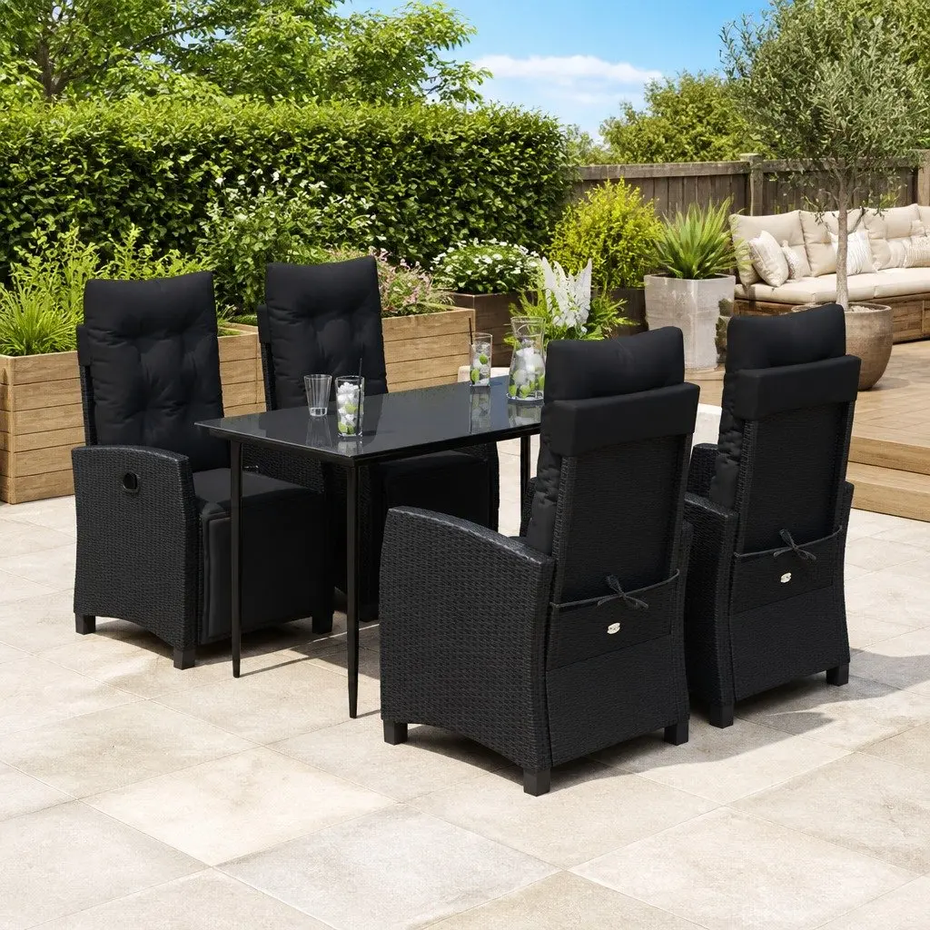 Outdoor Furniture Dining Set 5 Piece Black PE Rattan with Cushions and Glass Tabletop