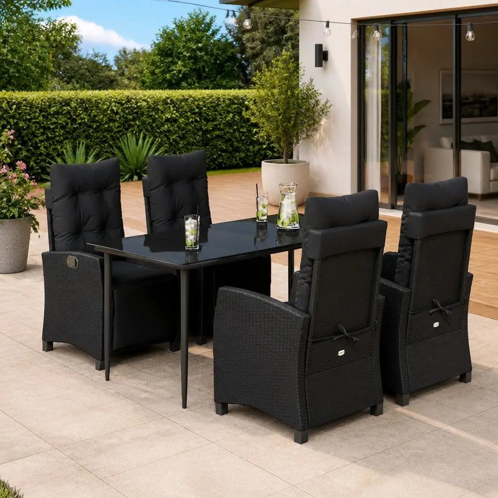 Outdoor Garden Dining Set 5 Piece Black Poly Rattan Patio Furniture