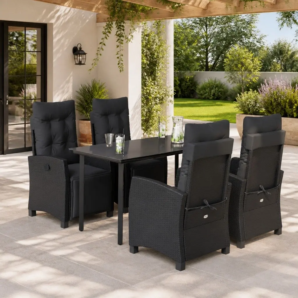 Outdoor Dining Set 5 Piece Garden Furniture Black Poly Rattan Table Chairs