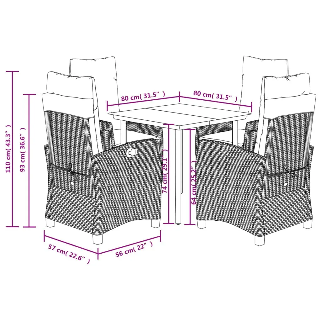 Outdoor Furniture Set Grey Poly Rattan Dining 5 Piece with Cushions for Patio Garden
