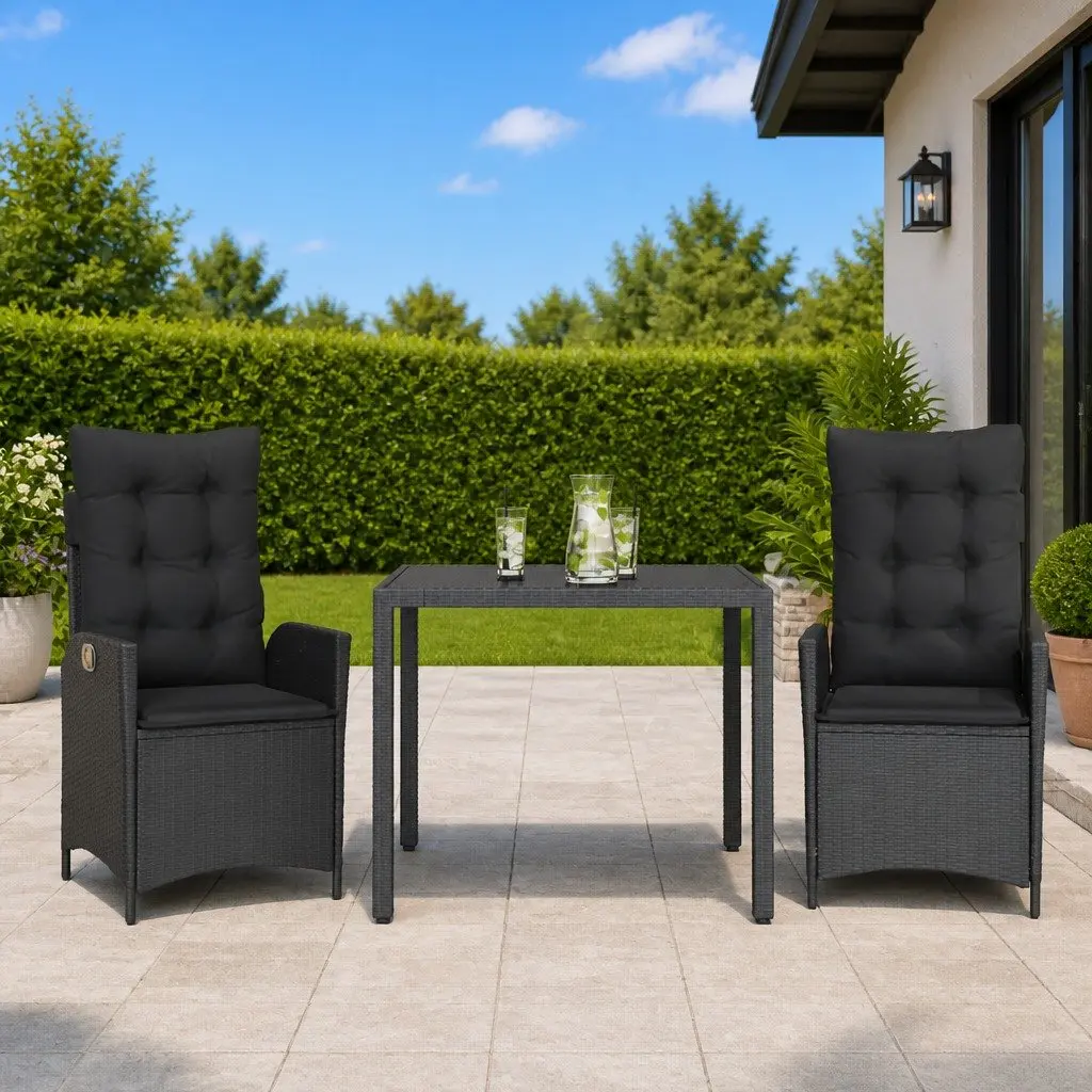 Outdoor Dining Set 3 Piece PE Rattan Black Patio Furniture with Cushions