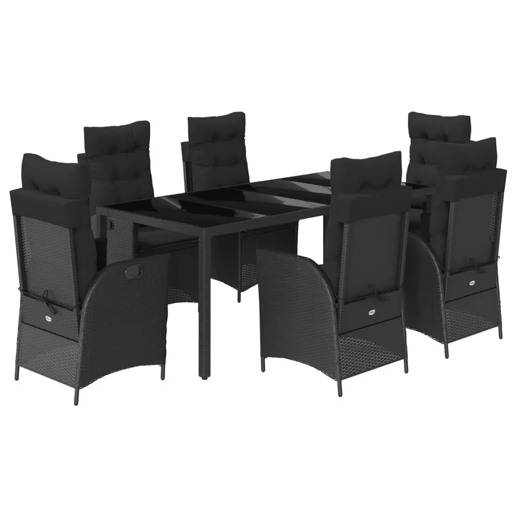 7 Piece Garden Dining Set Outdoor Furniture Black Poly Rattan with Cushions