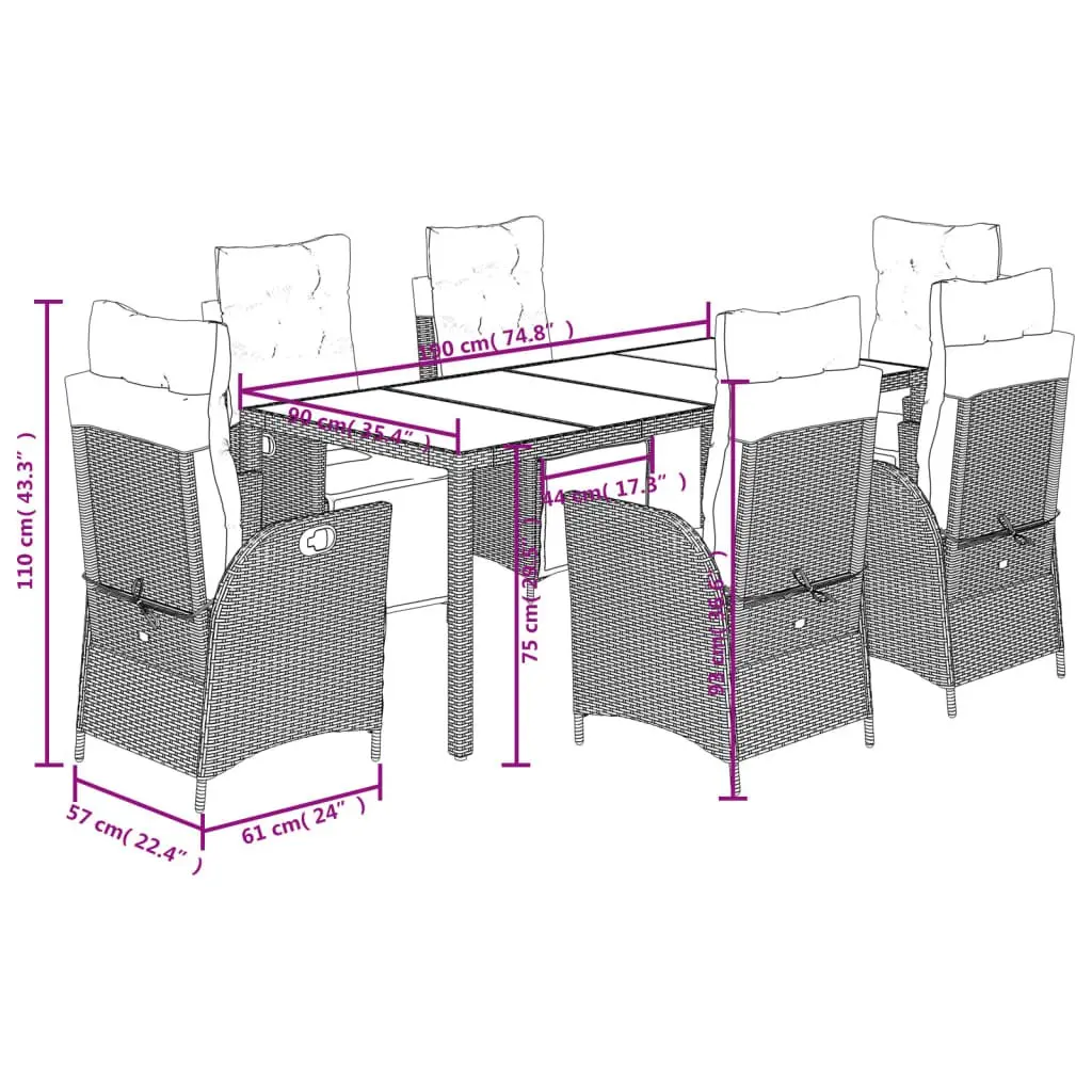 7 Piece Garden Dining Set Outdoor Furniture Black Poly Rattan with Cushions