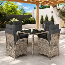 5 Piece Outdoor Garden Dining Set Grey Poly Rattan Cushions Glass Top Patio