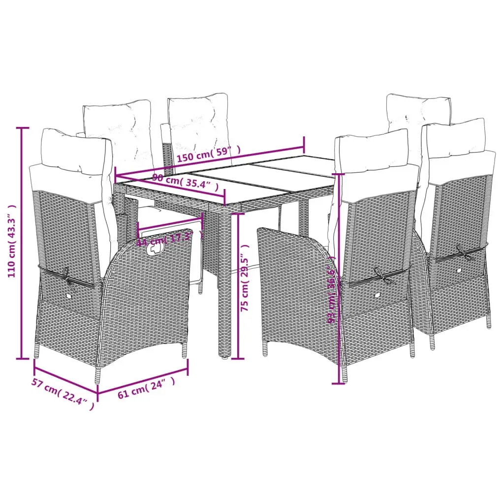 7 Piece Outdoor Dining Set Grey Poly Rattan Garden Furniture Cushioned Seating