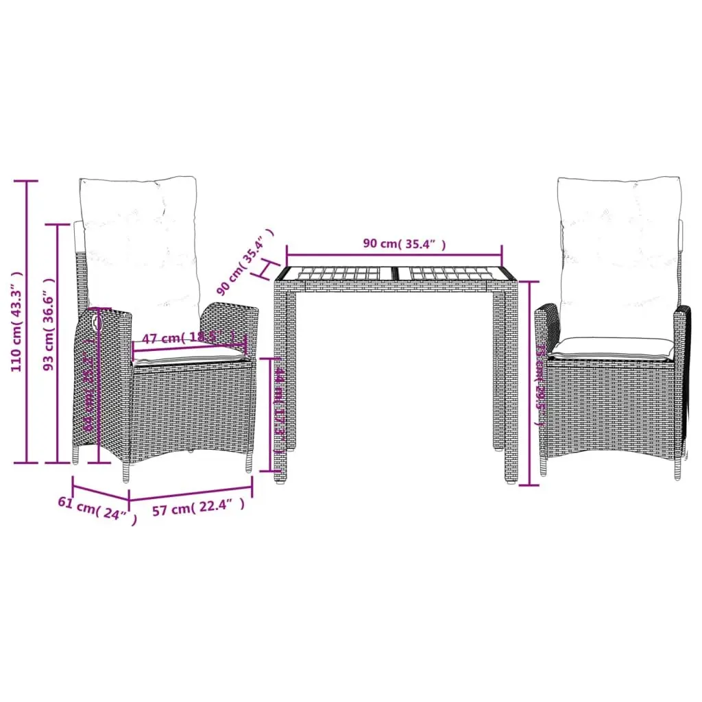 Garden Dining Set 3 Piece Outdoor Patio Furniture Adjustable Backrest Cushions Black
