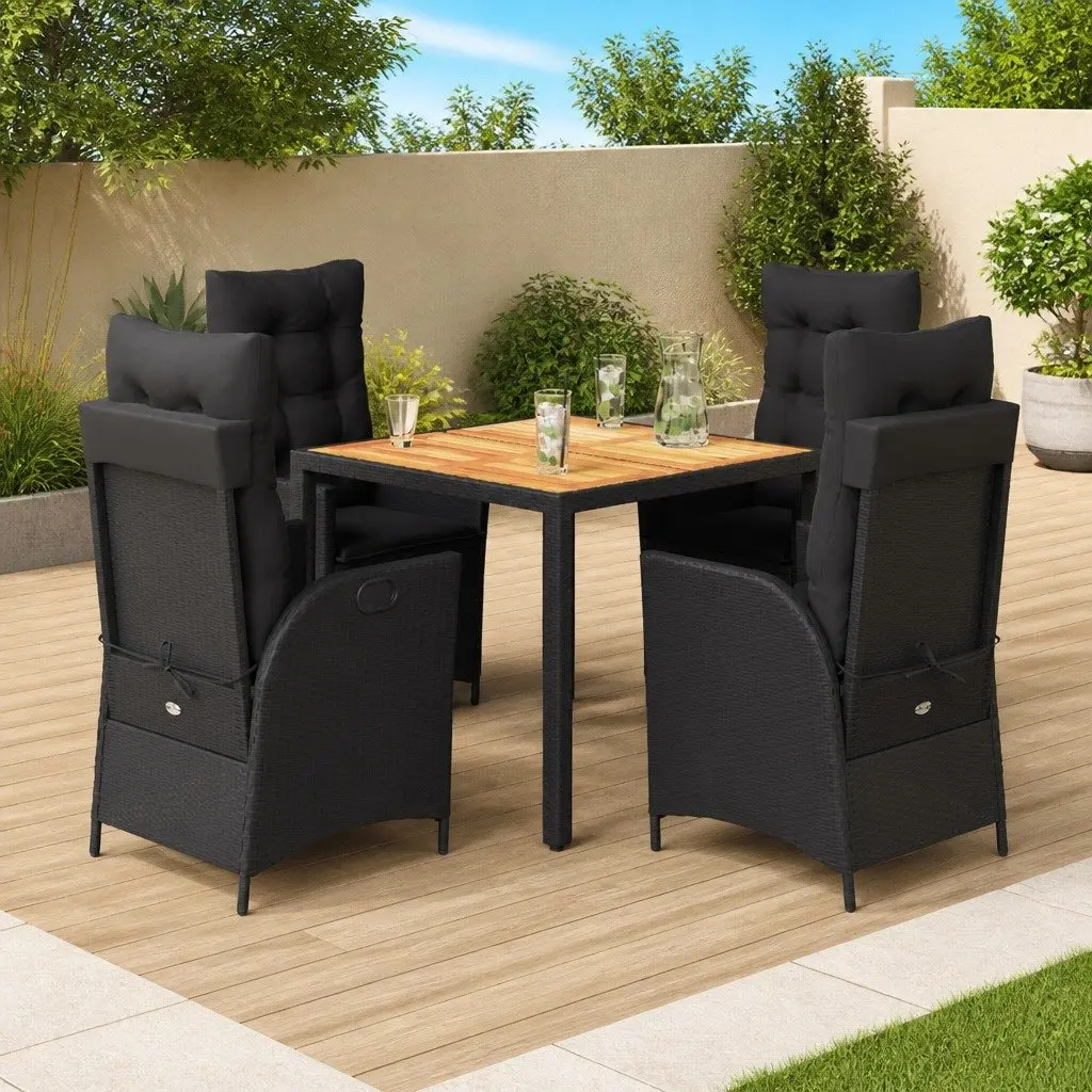 5 Piece Garden Dining Set Outdoor Furniture Black PE Rattan Chairs Table