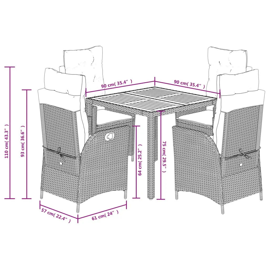 5 Piece Garden Dining Set Outdoor Furniture Black PE Rattan Chairs Table