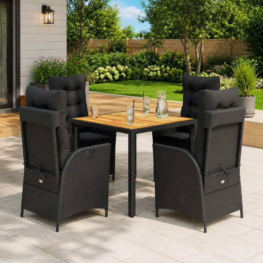 Outdoor Furniture Set 5 Piece Garden Dining Black with Cushions Poly Rattan