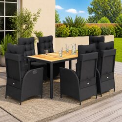 Outdoor Garden Dining Set 7 Piece Black Poly Rattan Table Chair with Cushions