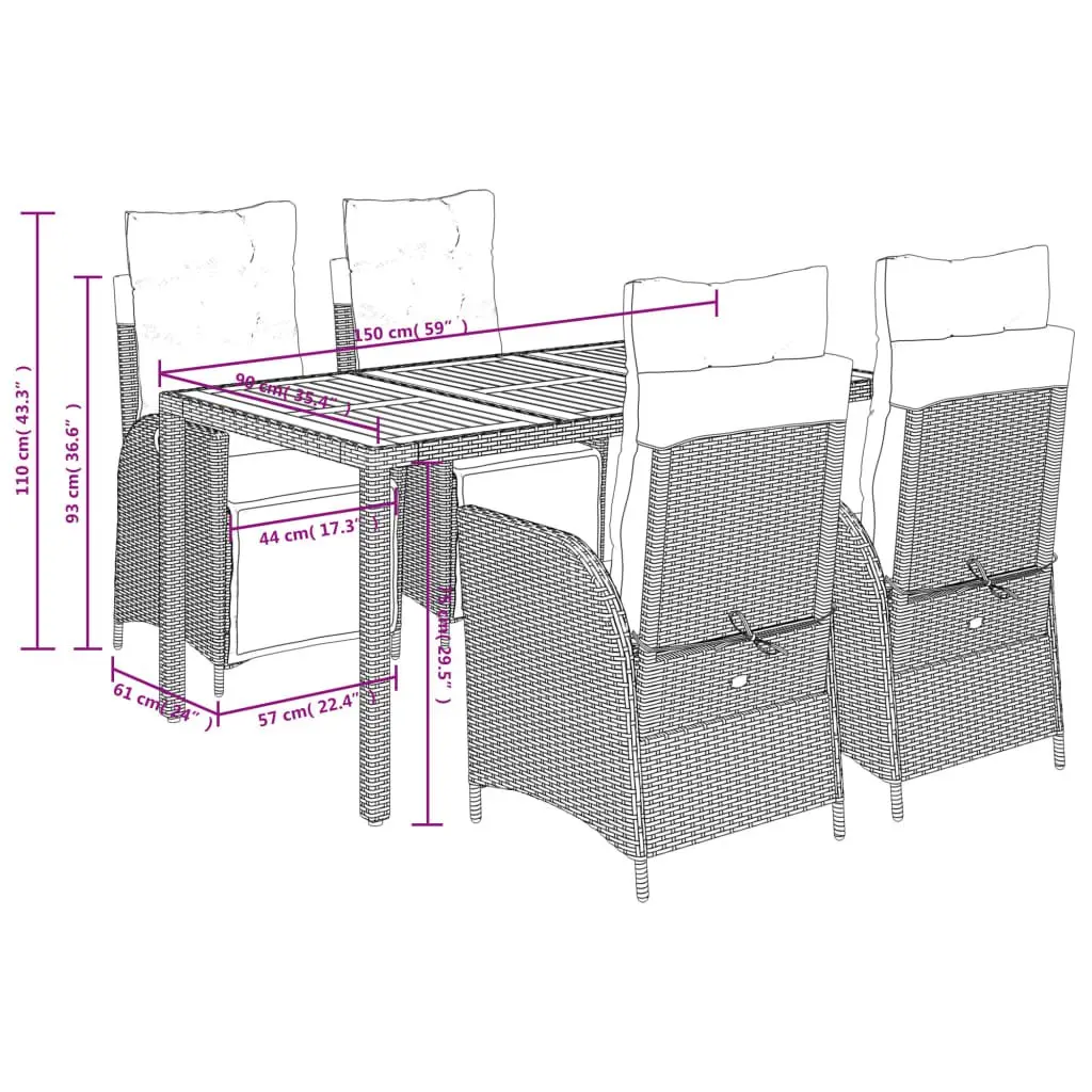 5 Piece Grey Rattan Patio Dining Set with Cushions for Outdoor Use