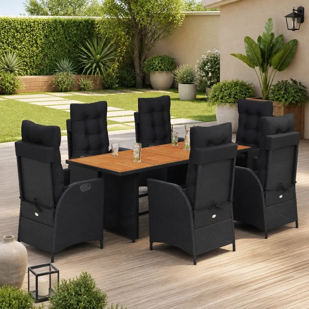 7 Piece Garden Dining Set Outdoor Furniture Black Poly Rattan Seats Table