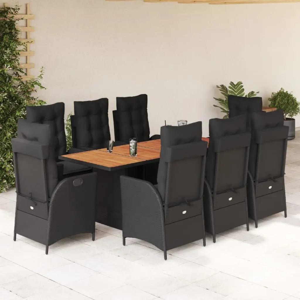 9 Piece Outdoor Dining Set Cushions Black Poly Rattan Garden Patio