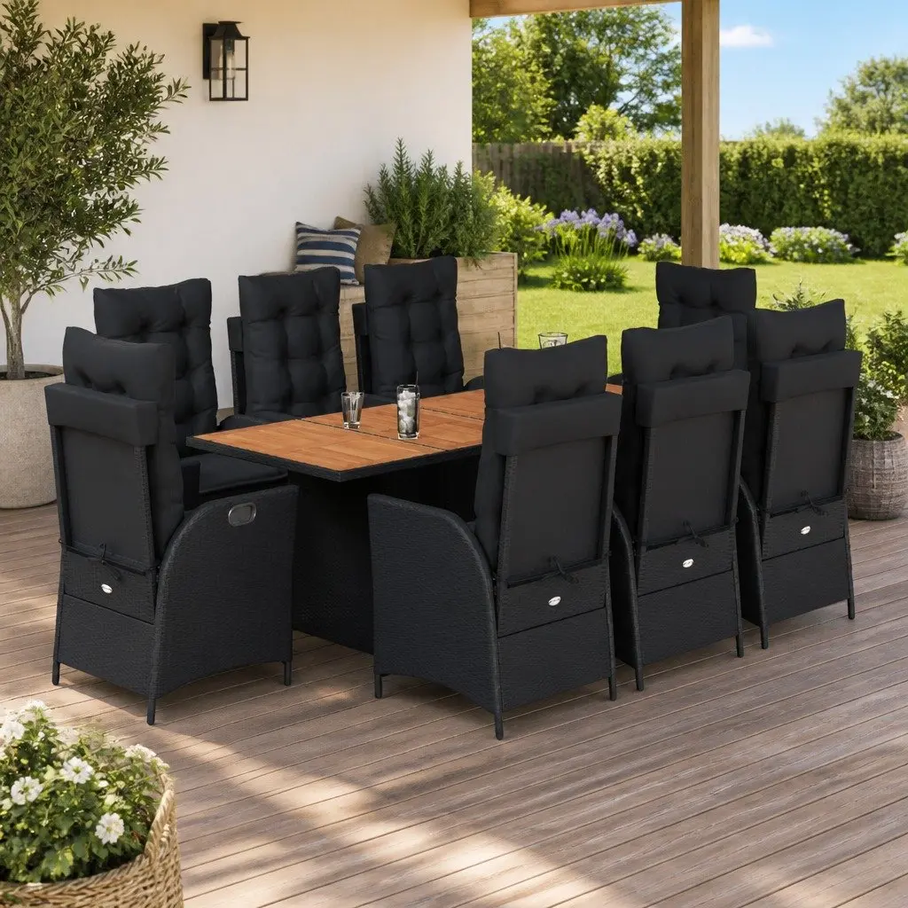 Garden Dining Set 9 Piece Outdoor Furniture Al Fresco Dining Black Poly Rattan with Cushions