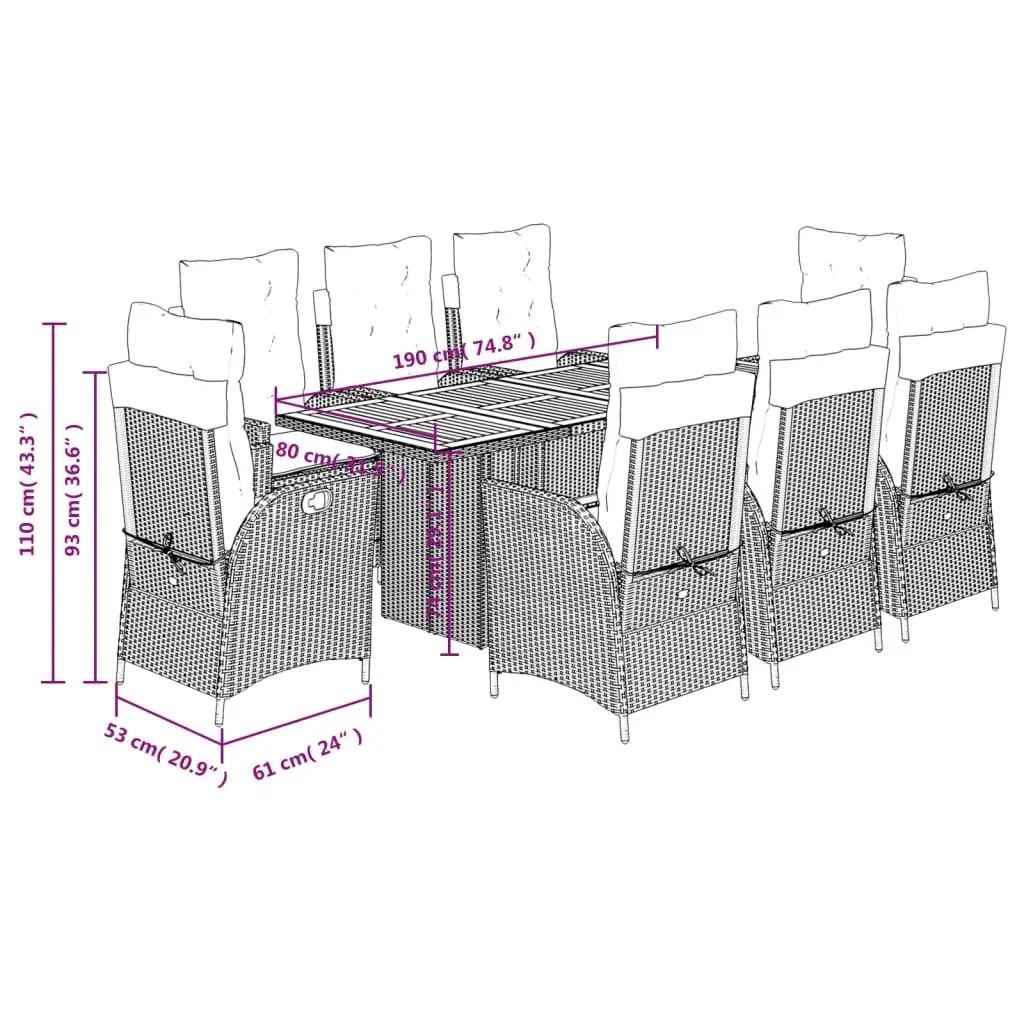 Garden Dining Set 9 Piece Outdoor Furniture Al Fresco Dining Black Poly Rattan with Cushions