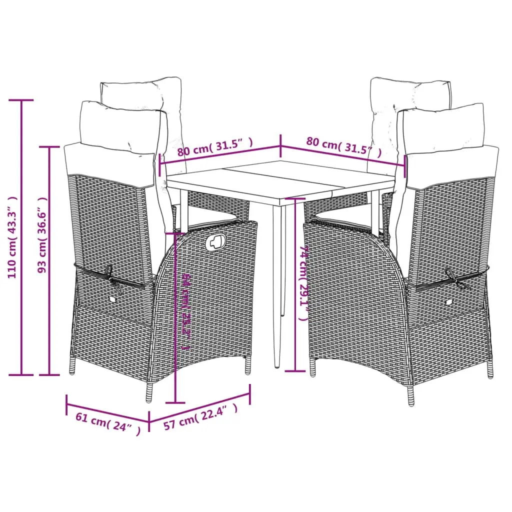 5 Piece Garden Dining Set Outdoor Furniture Black PE Rattan with Cushions