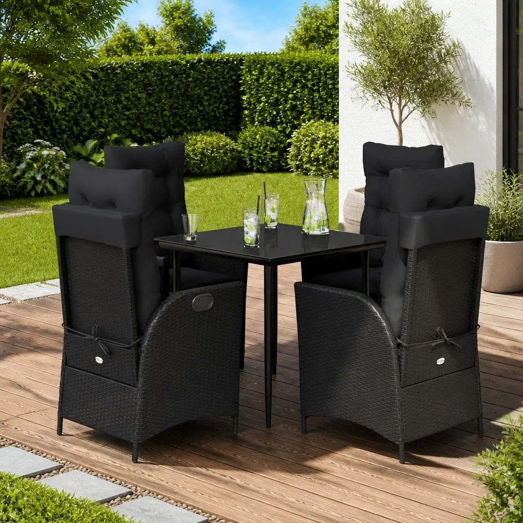 Black Poly Rattan Garden Furniture Set 5 Piece Outdoor Dining with Cushions and Adjustable Backrest