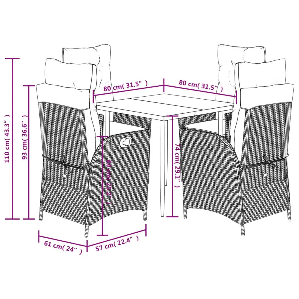 Black Poly Rattan Garden Furniture Set 5 Piece Outdoor Dining with Cushions and Adjustable Backrest