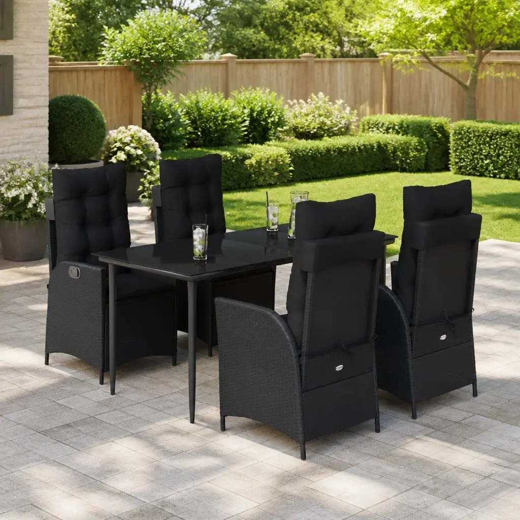Garden Dining Set 5 Piece Outdoor Furniture Black Poly Rattan Cushions