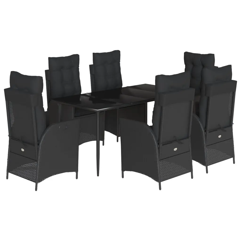 Garden Dining Set 7 Piece Black Poly Rattan Outdoor Furniture with Cushions and Tempered Glass Table for Relaxation and Entertaining