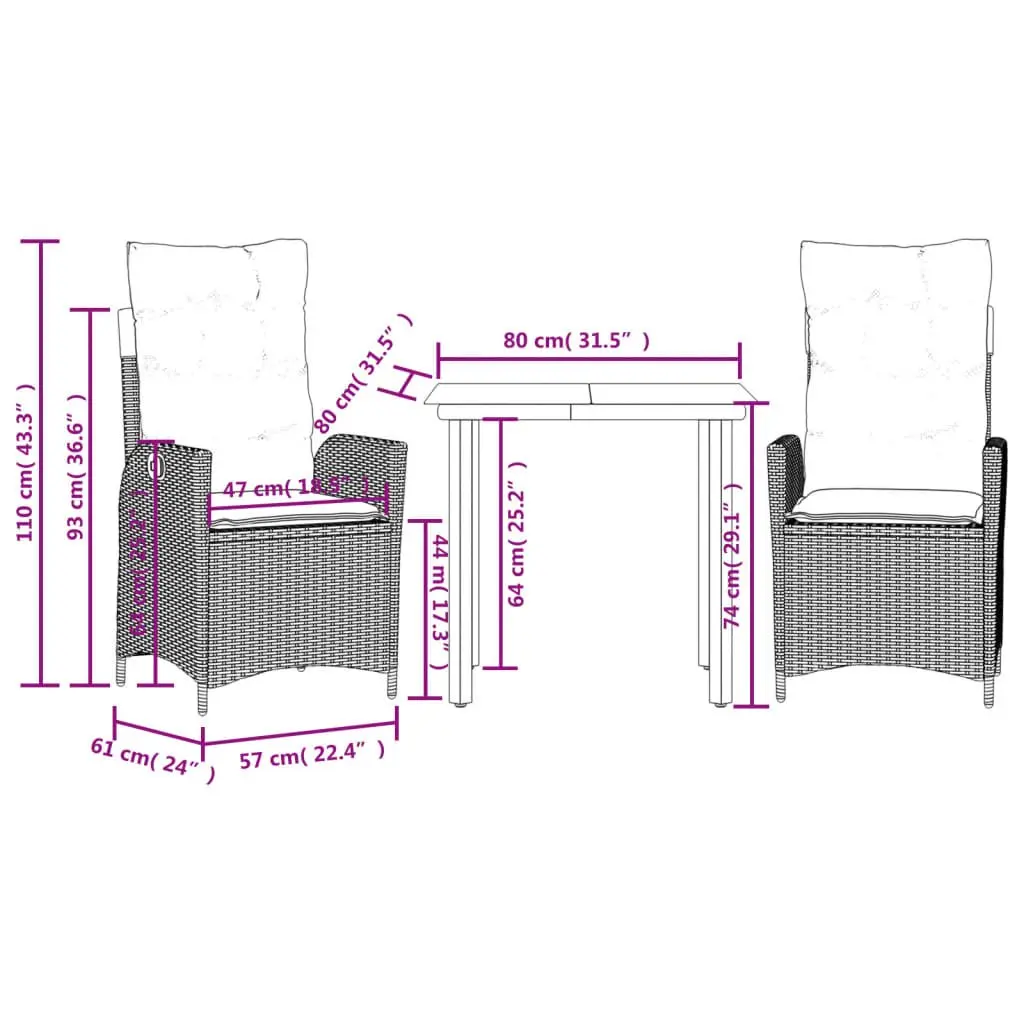 3 Piece Outdoor Dining Set Garden Furniture Black Poly Rattan Table Chairs