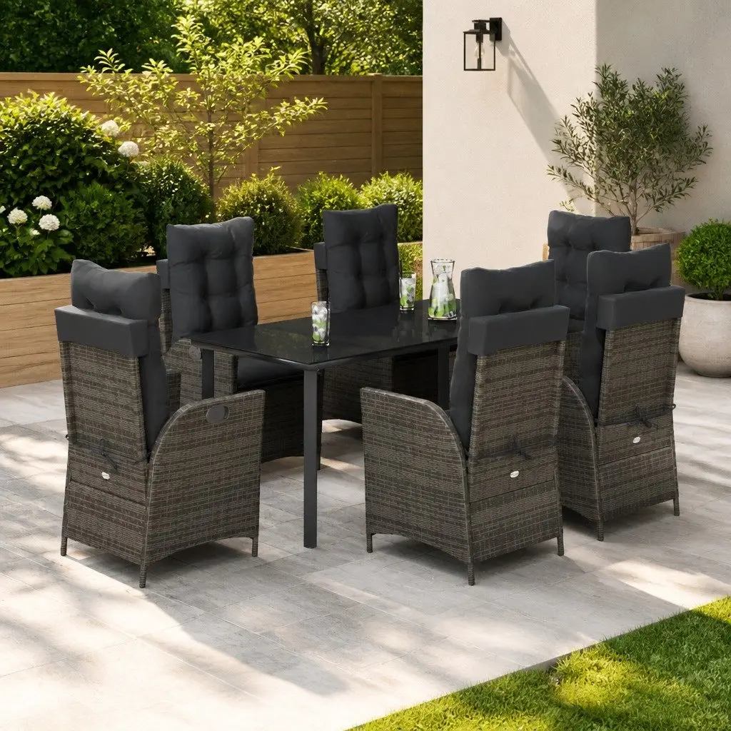 7 Piece Garden Dining Set Grey Poly Rattan Outdoor Furniture Table Chairs