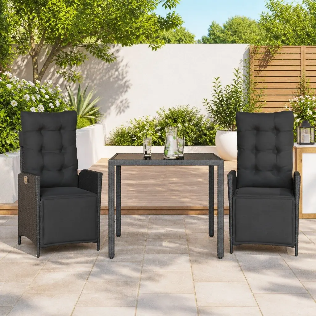 Outdoor Garden Dining Set 3 Piece Black Poly Rattan Furniture with Cushions
