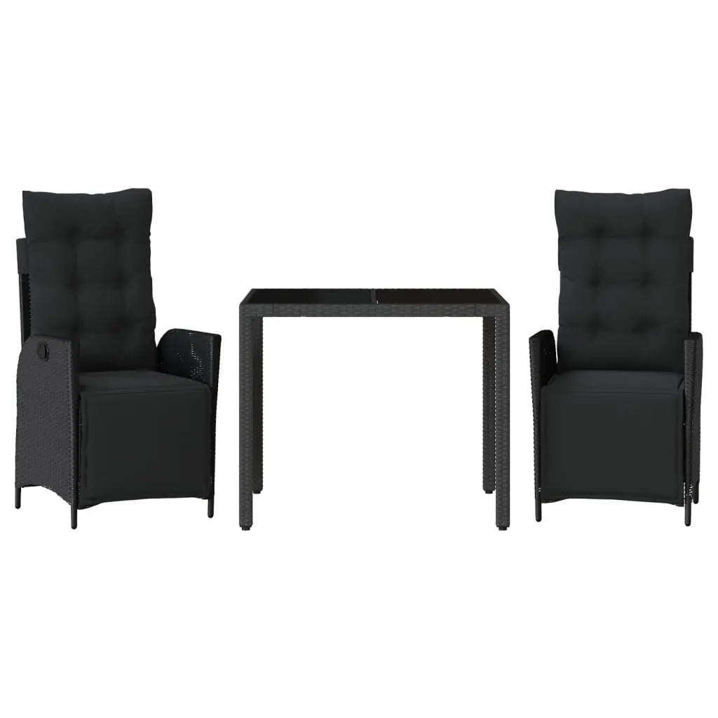 Outdoor Garden Dining Set 3 Piece Black Poly Rattan Furniture with Cushions