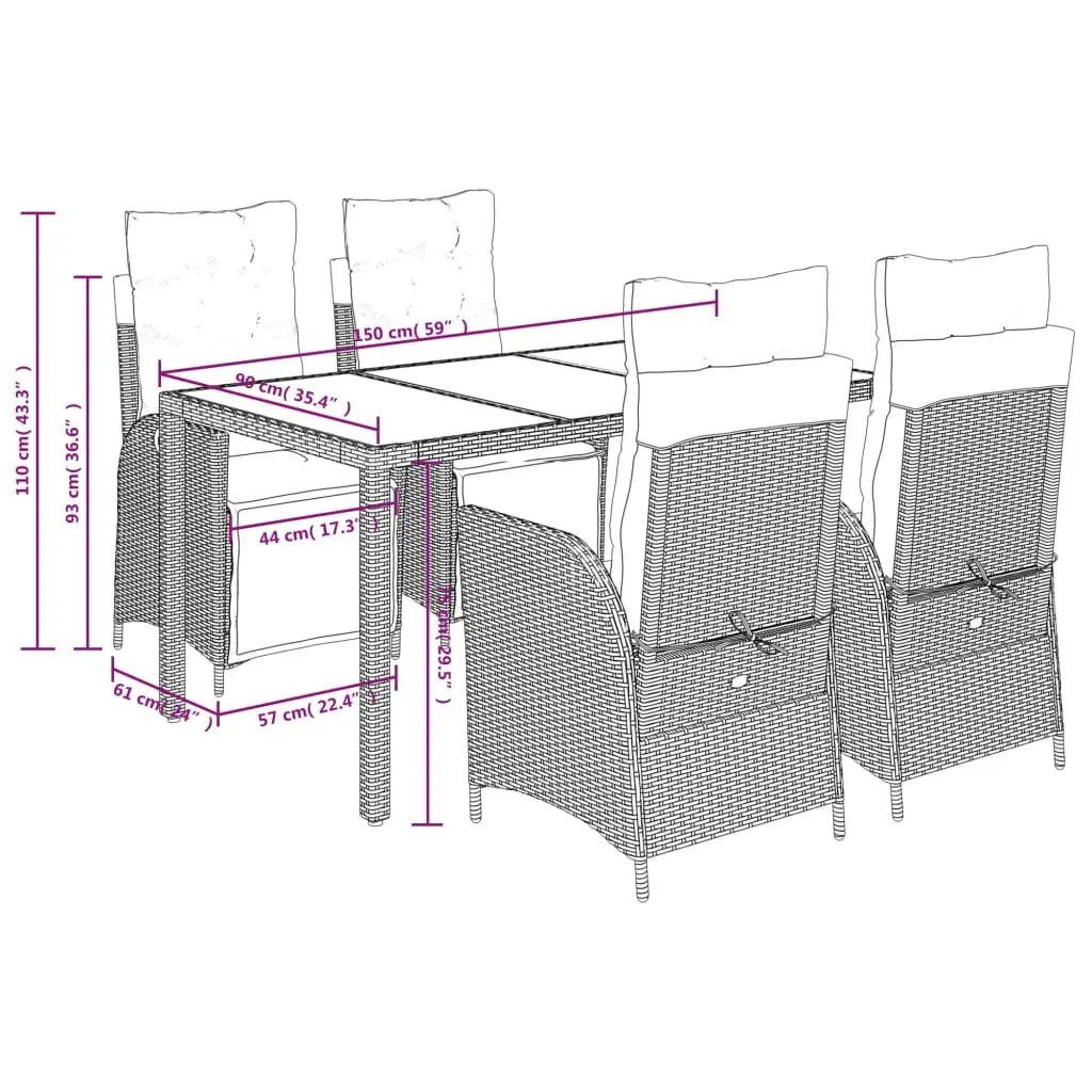 Outdoor Garden Dining Set 5 Piece Black Poly Rattan Furniture Patio Table Chairs