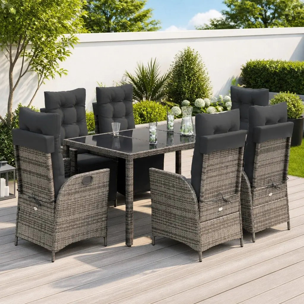 Garden Dining Set 7 Piece Grey Poly Rattan Chairs with Cushions and Tempered Glass Table Outdoor Furniture