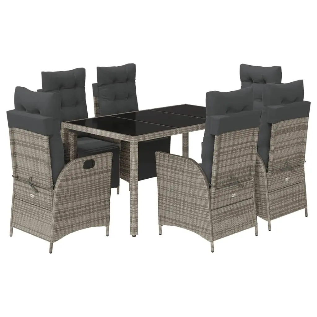 Garden Dining Set 7 Piece Grey Poly Rattan Chairs with Cushions and Tempered Glass Table Outdoor Furniture