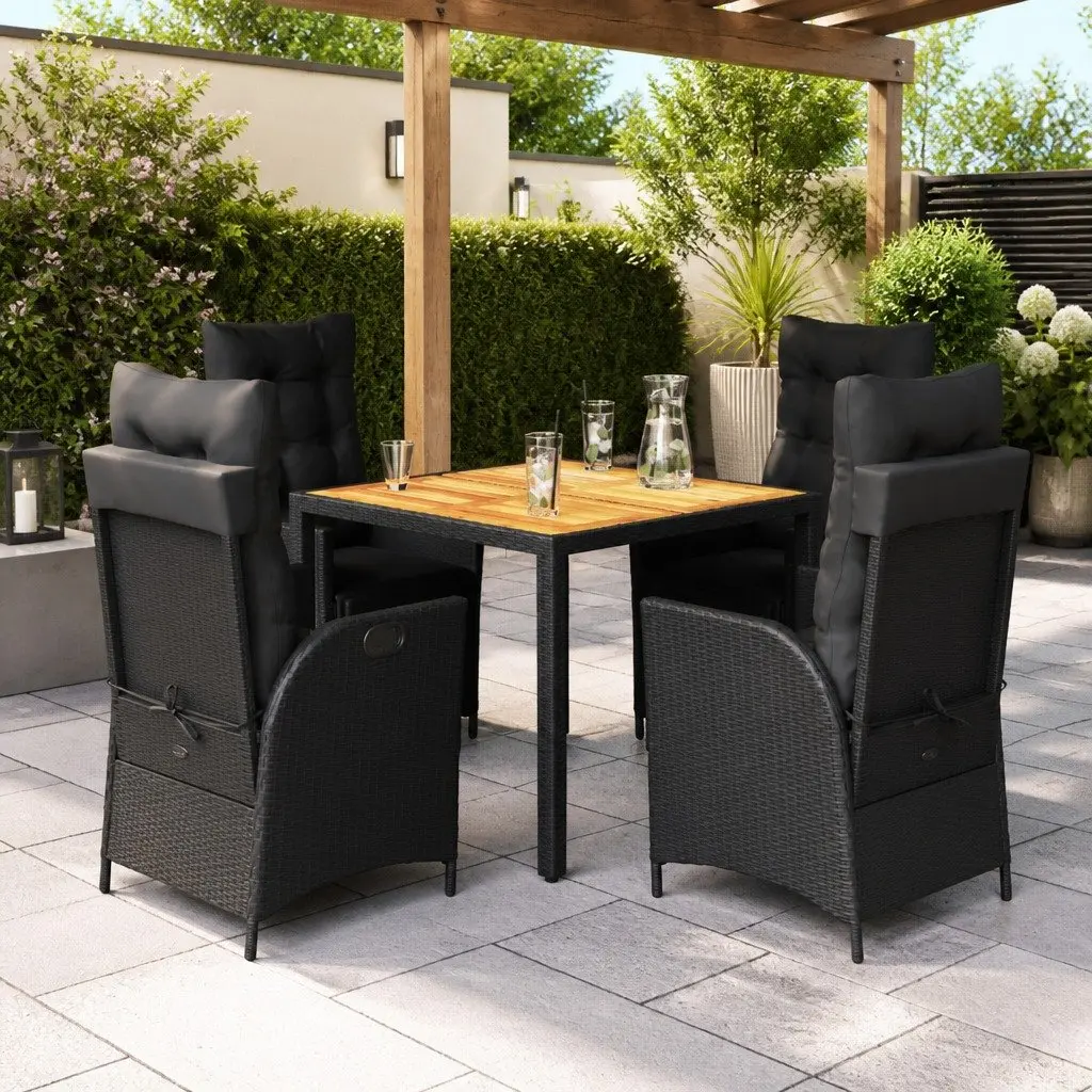 Outdoor Garden Dining Set 5 Piece Black PE Rattan Chairs Table with Cushions