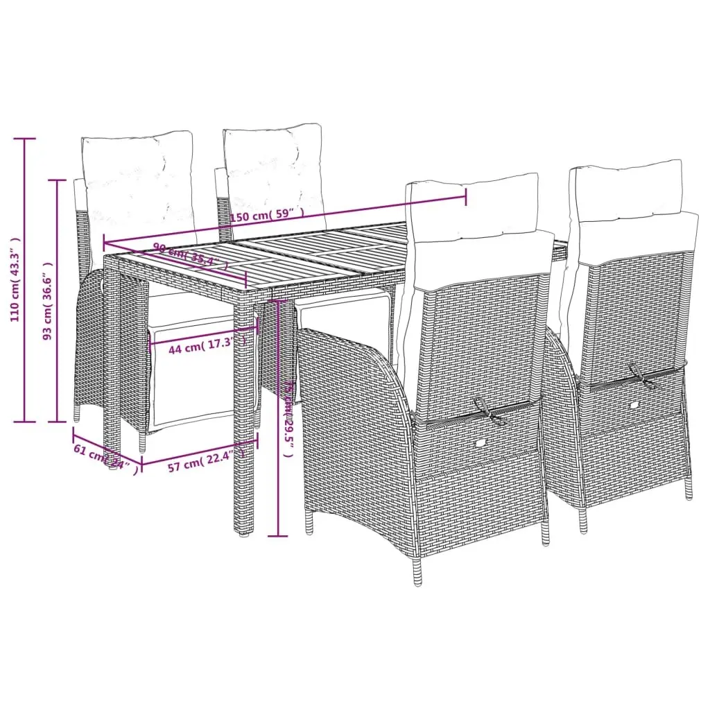 5 Piece Garden Dining Set Grey PE Rattan Outdoor Furniture Patio Table Chairs