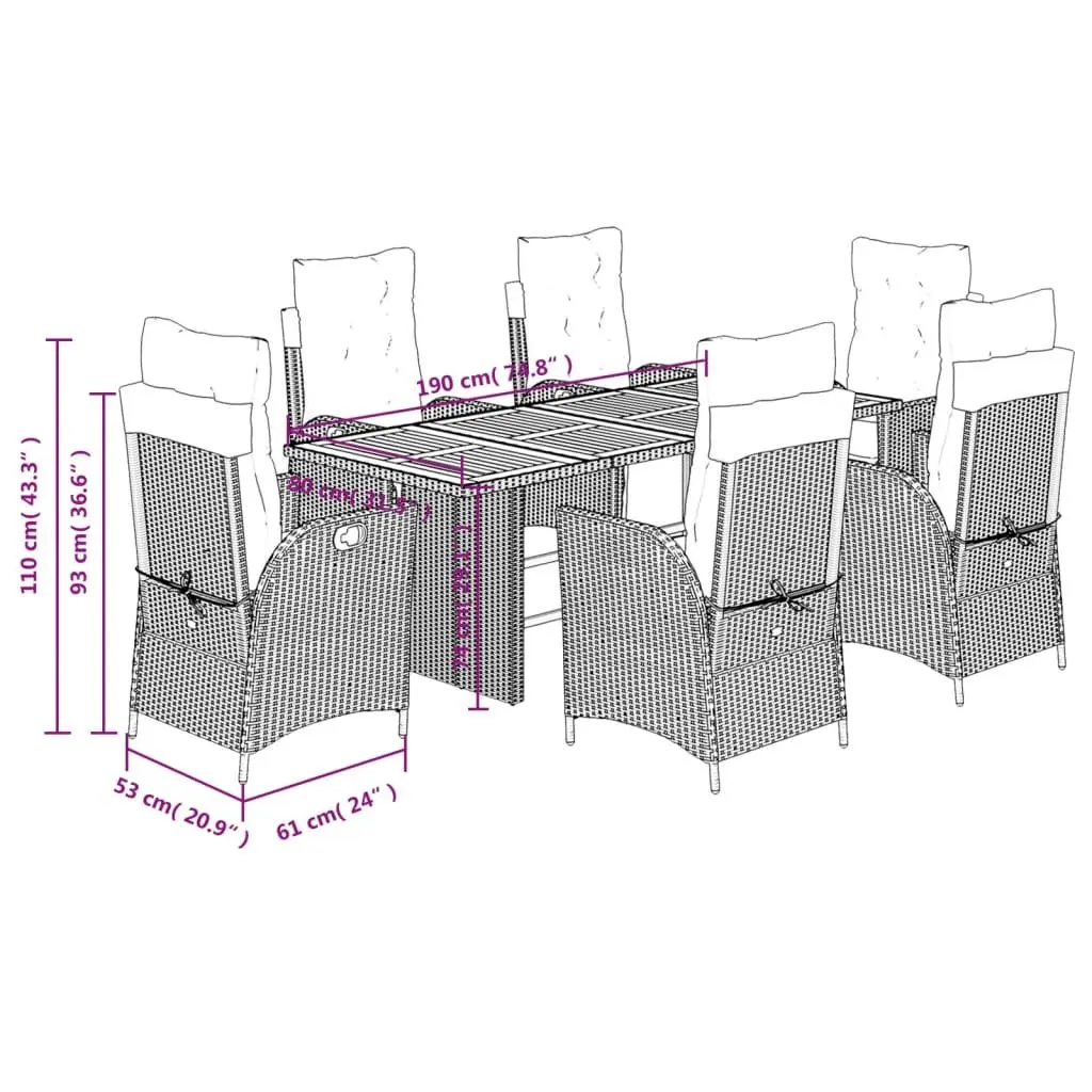 7 Piece Garden Dining Set Outdoor Furniture Black PE Rattan Chairs Table