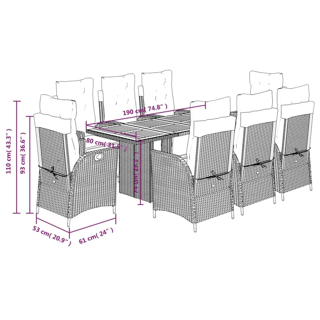 Outdoor Garden Dining Set 9 Piece Black Poly Rattan Furniture Patio Table Chairs