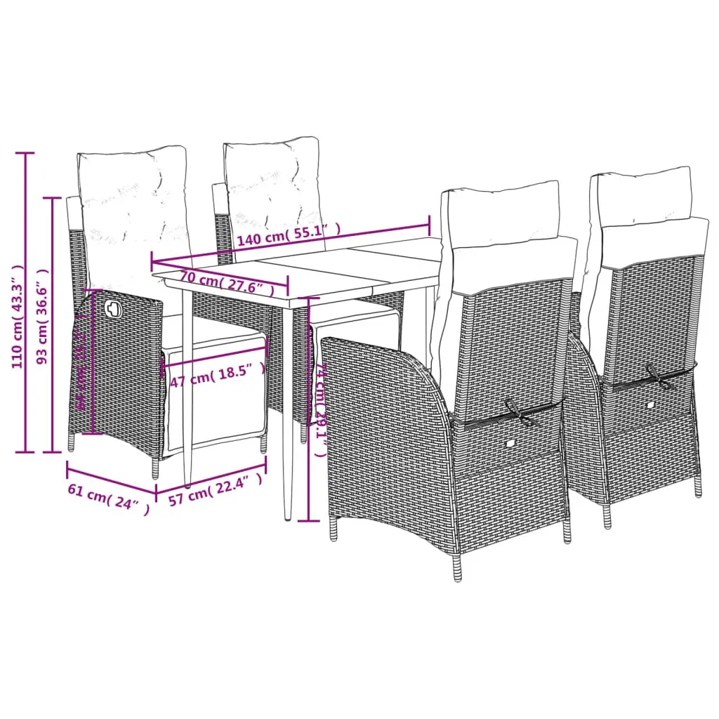 Garden Dining Set 5 Piece Outdoor Use Black PE Rattan Chair Table Patio Furniture