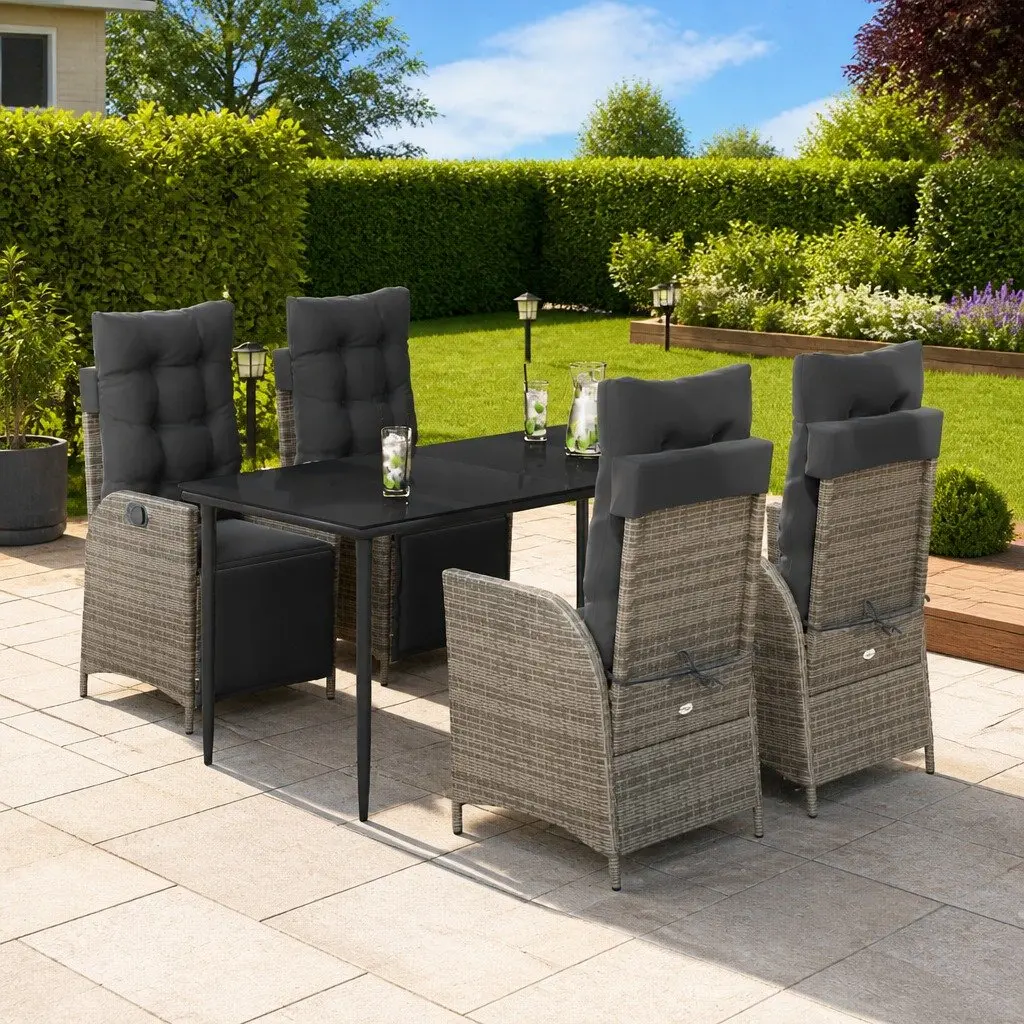 Outdoor Garden Dining Set 5 Piece Grey Poly Rattan Furniture with Cushions Patio