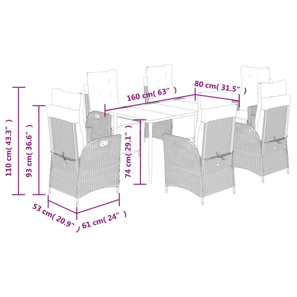 Outdoor Dining Set 7 Piece Garden Furniture PE Rattan Grey Cushions Glass Table