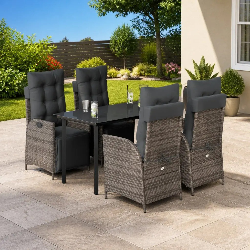 Outdoor Garden Dining Set 5 Piece Grey Poly Rattan Chair Table Cushions Patio