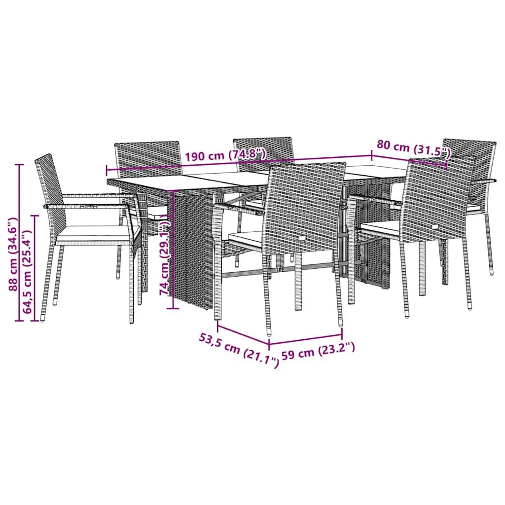 Outdoor Dining Set 7 Piece Garden Furniture with Cushions Black Patio Table