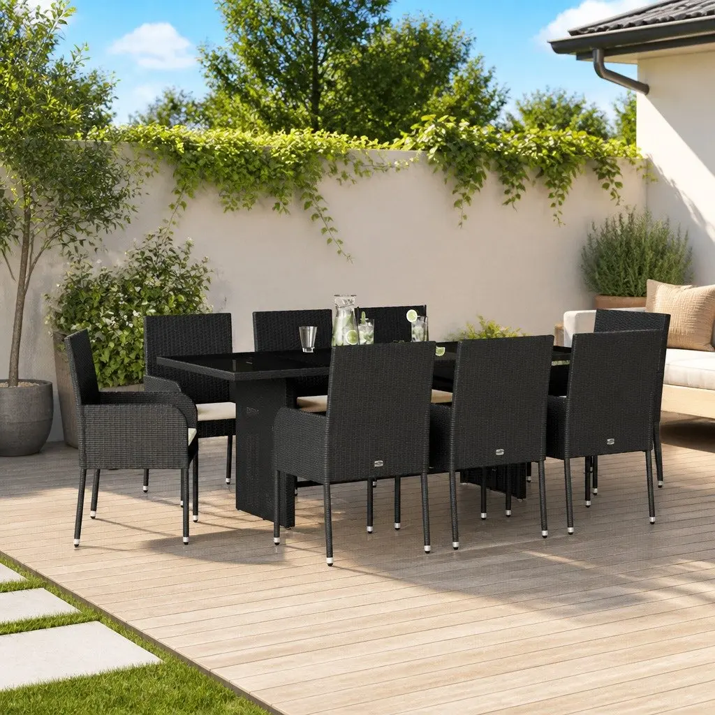 Outdoor Dining Set 9 Piece Garden Furniture Cushions Black Poly Rattan