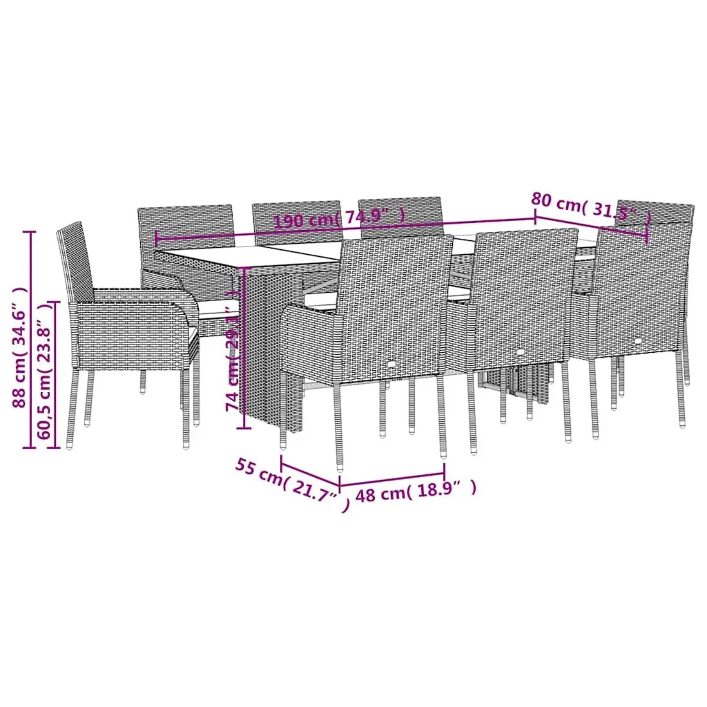 Outdoor Dining Set 9 Piece Garden Furniture Cushions Black Poly Rattan